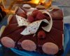 Sliced square chocolate cake with rasberries and white chocolate shavings.JPG