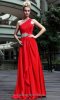 Beaded Waist  One Shoulder Floor Length Red Chiffon Evening Dresses.jpg